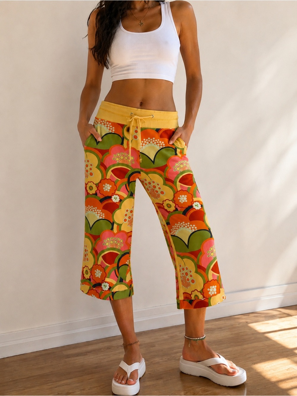 Nilla Shields Retro Floral Cropped Pants XS Colorful Drawstring Cotton Boho Y2K